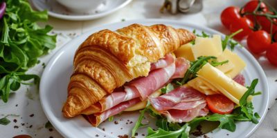 A delicious croissant sandwich filled with cheese and ham. Perfect for breakfast or a quick snack.